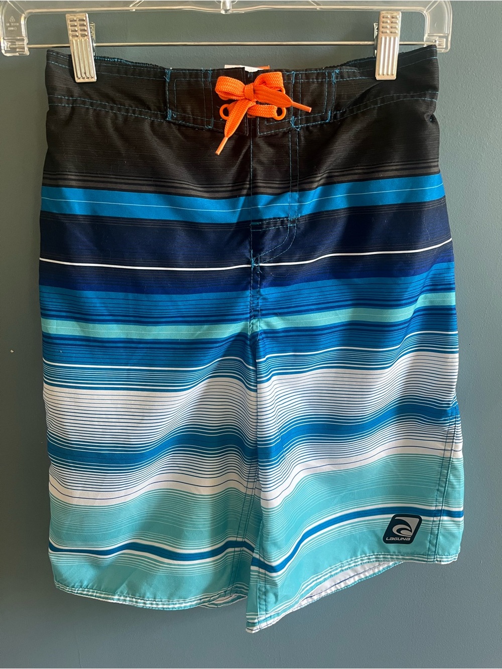 Boys Blue Striped Boardshorts with Orange Drawstring size large (14/16)